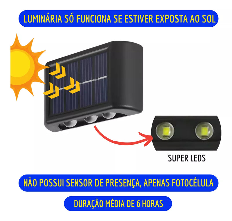 Arandela Solar com 6 Leds Jardim Escadas Muros Prova D'água