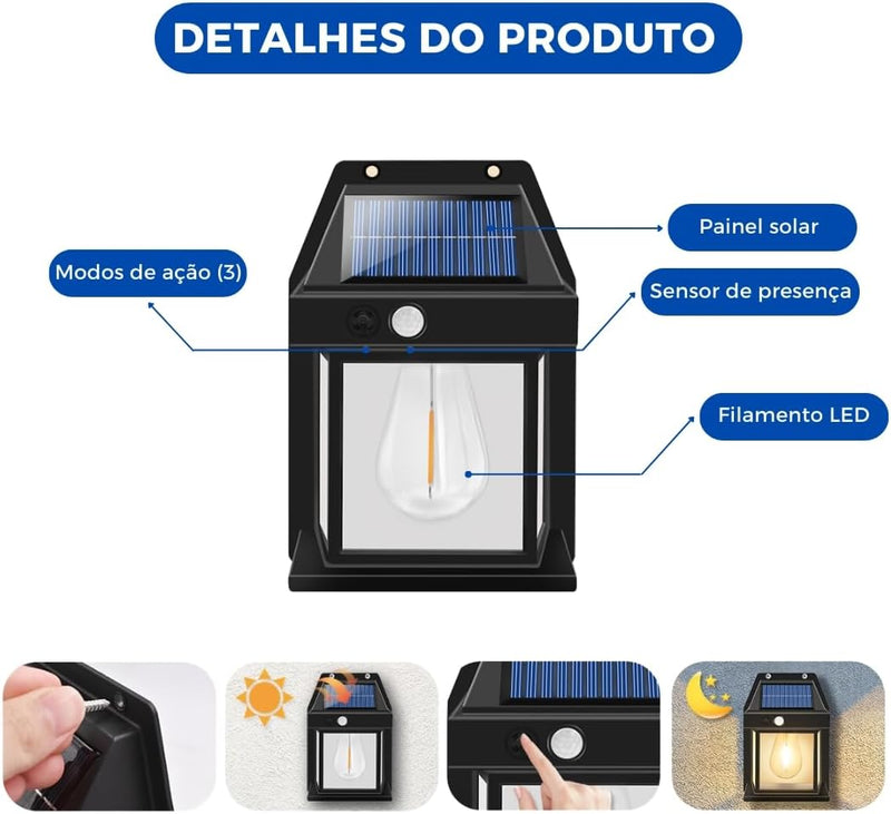 Luminária Solar Externa Potente Arandela Lâmpada Vintage Sensor de Presença e Acendimento Automático