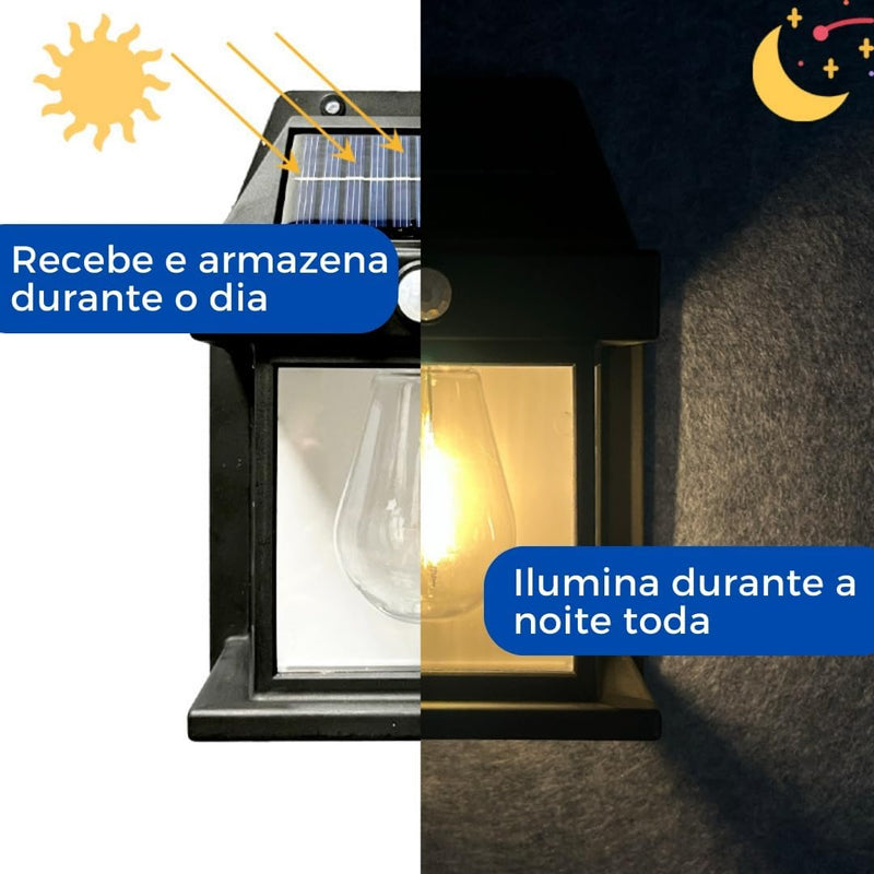 Luminária Solar Externa Potente Arandela Lâmpada Vintage Sensor de Presença e Acendimento Automático