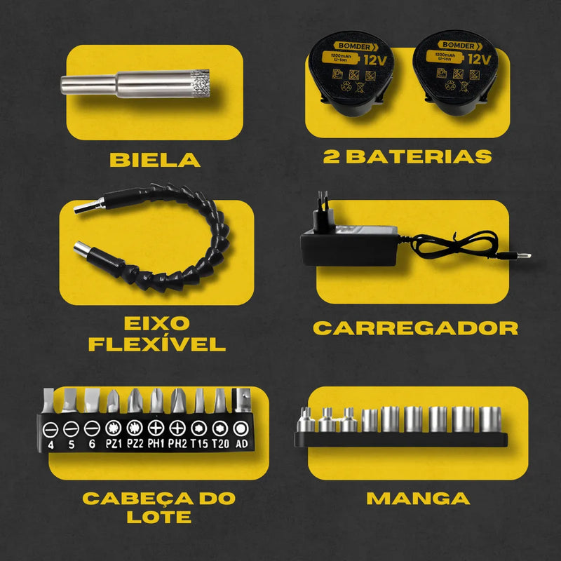 Parafusadeira e Furadeira 2 Baterias  12V + Kit Pontas e Bits BOMDER