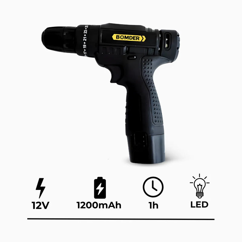 Parafusadeira e Furadeira 2 Baterias  12V + Kit Pontas e Bits BOMDER