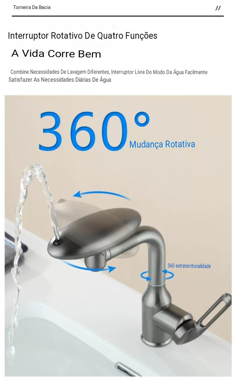 Torneira Giratória Mixer Para Lavatório 360° Faucet Multifunções 4 Modos Stream Spray